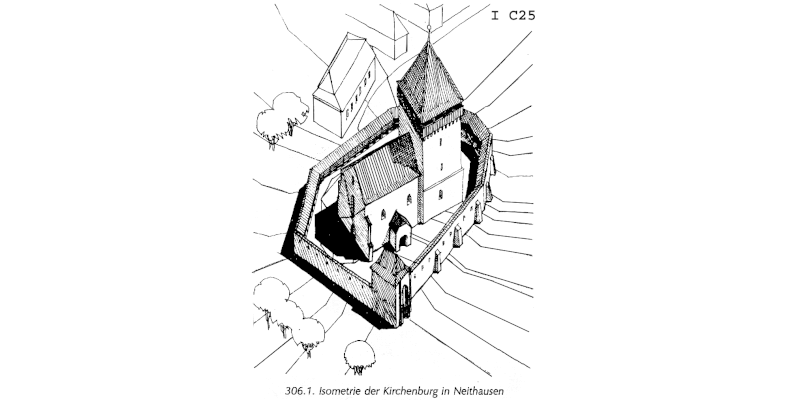 A drawing of the church in Netus, Transylvania