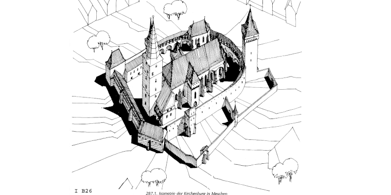 An illustration of the fortified church in Mosna, Transylvania