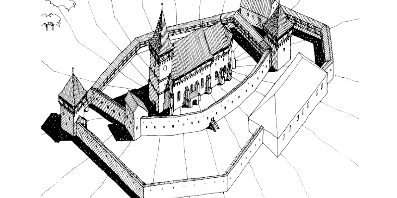 Die Ringmauer und Kirche in Meschendorf, Siebenbürgen