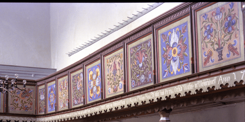 The gallery paintings inside the church in Me?endorf, Transylvania