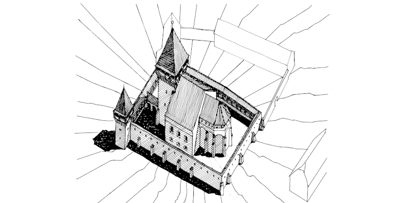 An illustration of the fortified church of ?omartin Transylvania