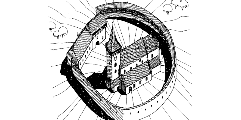 Illustration der Kirchenburg in Burgberg, Siebenbürgen