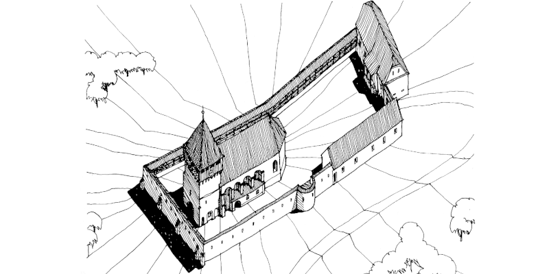 A drawing of the fortified church in Rodbav, Transylvania