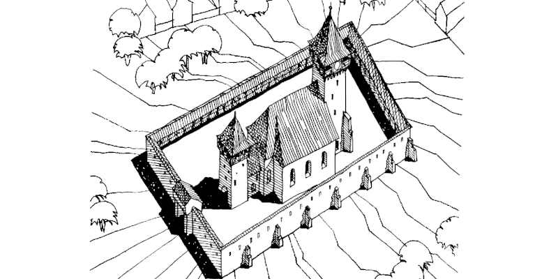 A drawing of the fortified church in Veseud, Transylvania