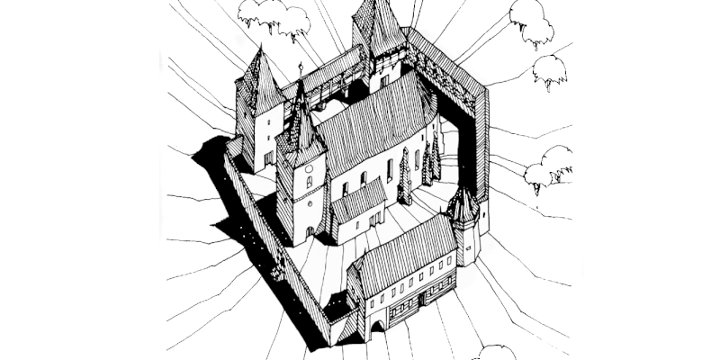 A drawing of the church in Felmer, Transylvania