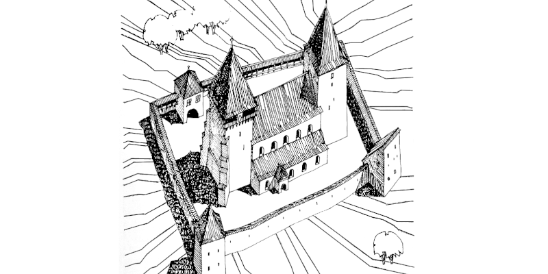 Drawing of the fortified church in Merghindeal, Transylvania