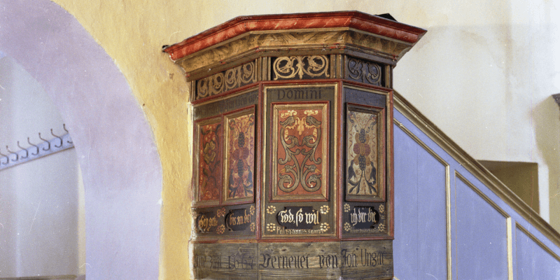 The pulpit in the fortified church of Bruiu, in Transylvania.