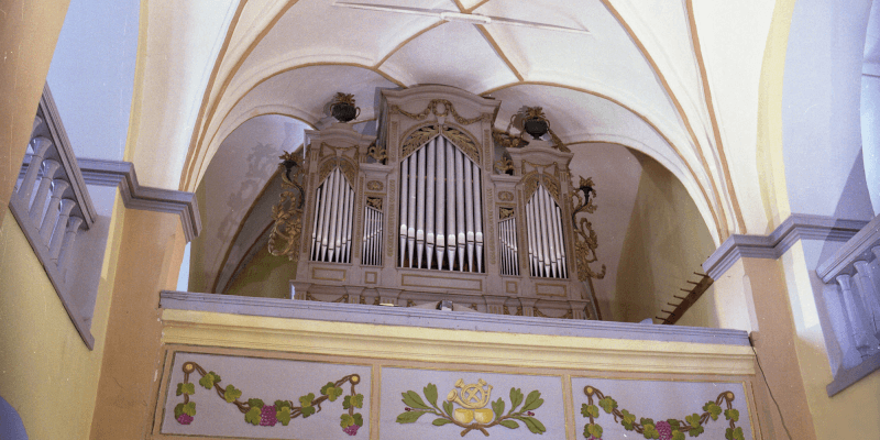 The organ in the fortified church of Bruiu, in Transylvania.