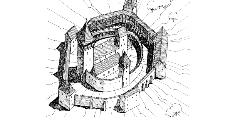 Illustration of the fortified church of Bruiu, in Transylvania.