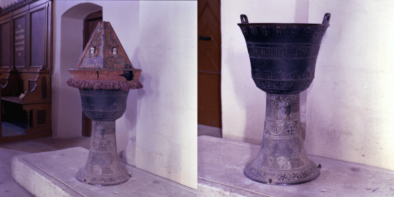 The baptismal font in the fortified church in Altana, Transylvania