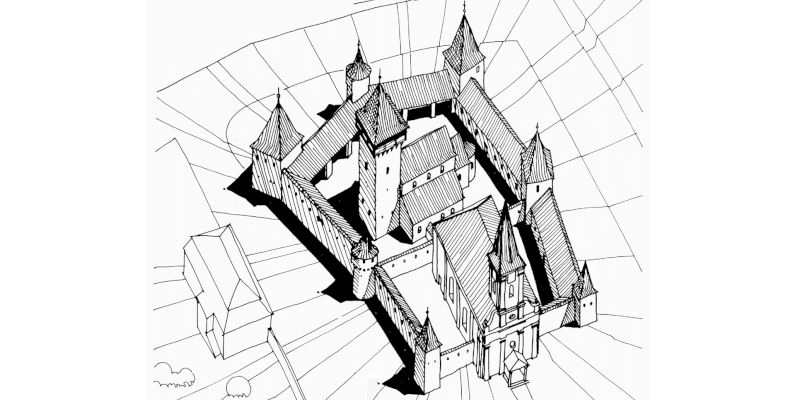 A historical drawing of the Kiechnburg in Nocrich, Transylvania