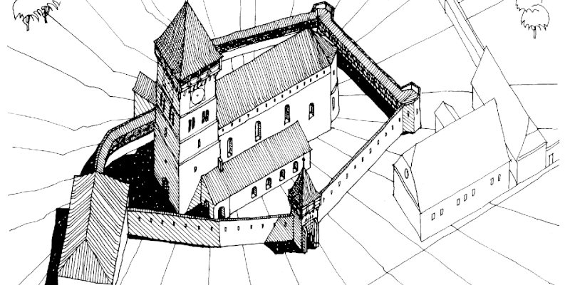 A historical drawing of the fortified church in Nou near Sibiu in Transylvania