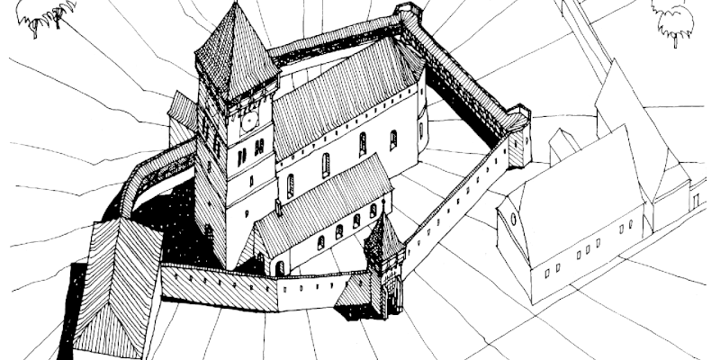 Un desen istoric al bisericii fortificate din Nou lâng? Sibiu în Transilvania