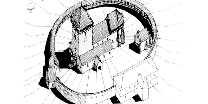 EIne historische Zeichnung der Kirchenburg in Gutsteri?a, Hammersdorf Siebenbürgen