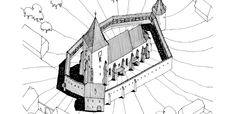 A historical drawing of the fortified church in Moard??, Transylvania.