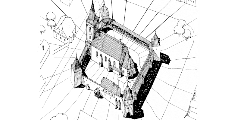 A historical drawing of the fortified church in Marpod, Transylvania