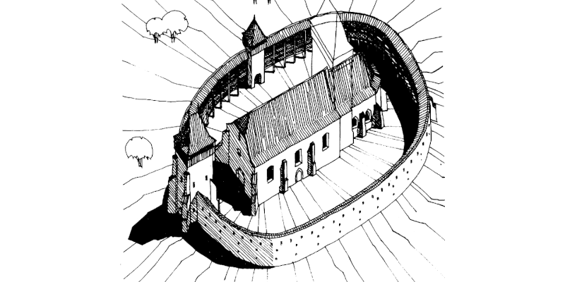 A historical drawing of the fortified church of Tapu near Medias in Transylvania