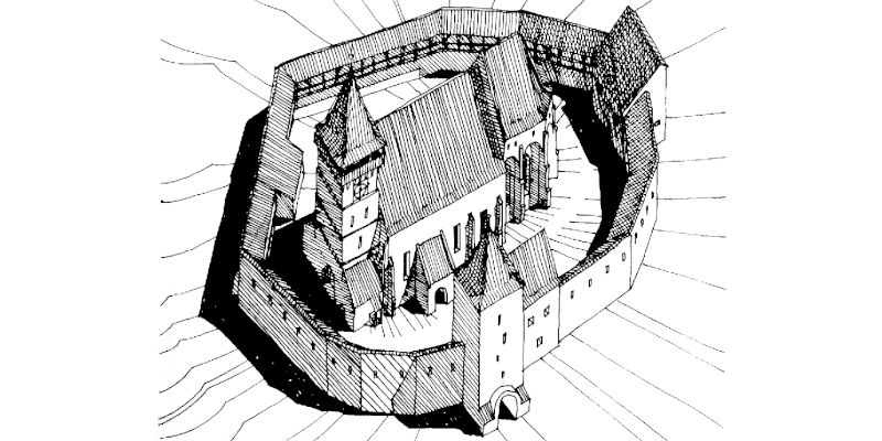 Eine historische Zeichnung der Kirchenburg von Pretai, Brateiu, neben Mediasch in Siebenbürgen