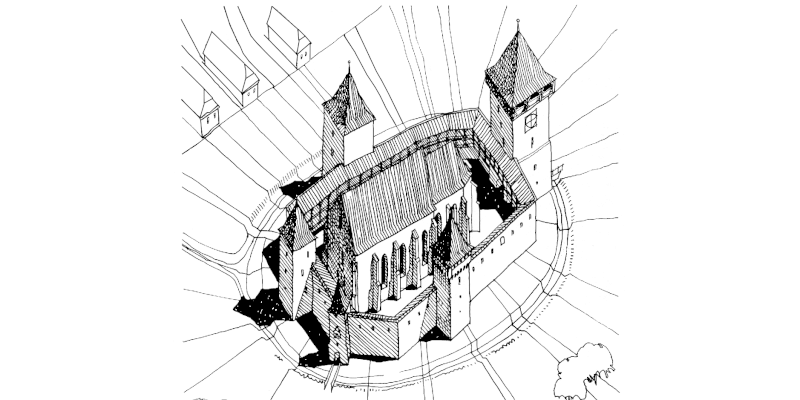 A historical drawing of the fortified church in Valchid in Transylvania