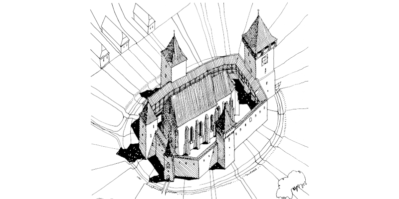 Un desen istoric al bisericii fortificate din Valchid în Transilvania