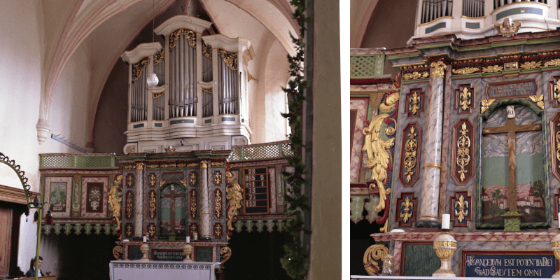 Der Altar und die Orgel in Denndorf Daia bei Schaessburg in Siebenbuergen