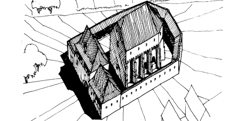 An illustration of the fortified church of Buzd in Transylvania