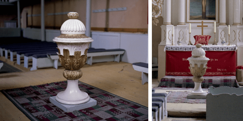 The baptismal font in the fortified church in Igisu Nou in Transylvania