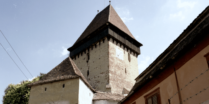 The bell tower of the fortified church in Igisu Nou in Transylvania