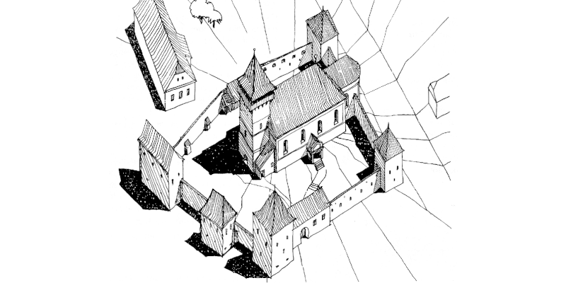 A drawing of the fortified church in Nadis in Transylvania