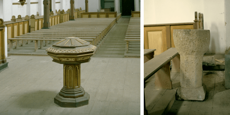 The baptismal font in the fortified church in Senereus in Transylvania