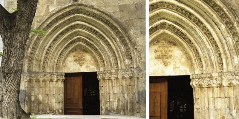 The west portal of the fortified church of Atel in Transylvania