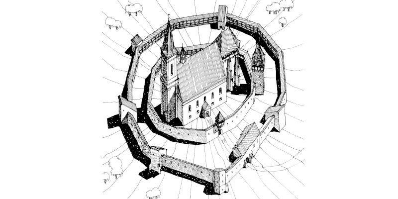 A historical drawing of the fortified church in Balcaciu, Transylvania.