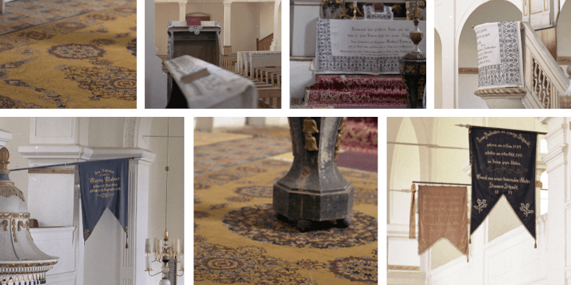 Textiles in the fortified church in Balcaciu, Transylvania.