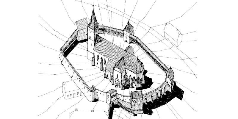 A historical drawing of the fortified church in Saros pe Tarnave in Transylvania