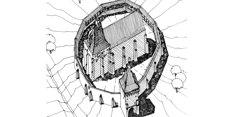 Historical drawing of the fortified church in Boian in Transylvania