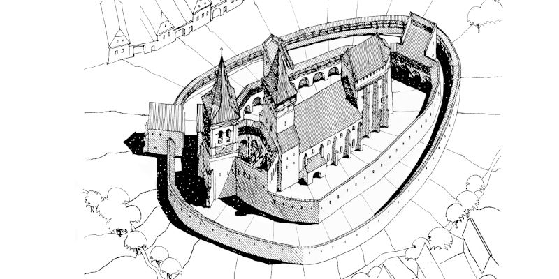 An illustration of the fortified church of Seica Mica in Transylvania