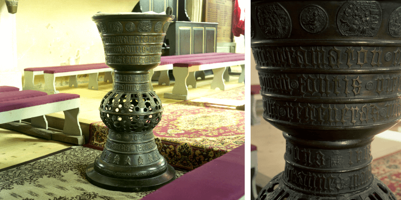 The baptismal font of the fortified church in Seica Mica in Transylvania