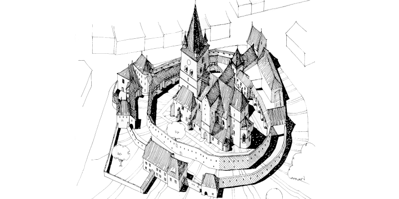 An illustration of the fortified church in Cisnadie/ Heltau in Transylvania