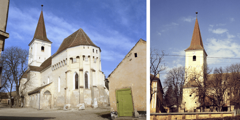 The bell tower of the church in Sura Mare in Transylvania