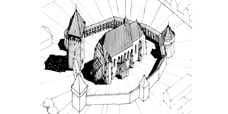 A historical illustration of the fortified church in Tarnava in Transylvania