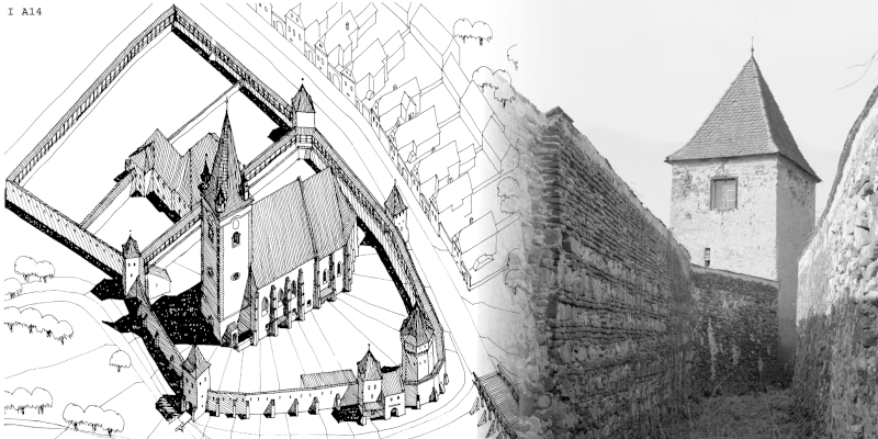 A historical llustration of the fortified church in Cristian/Grossau in Transylvania