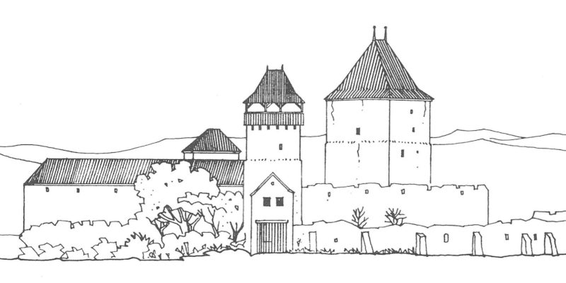Drawing of the fortified church of Calnic in Transylvania