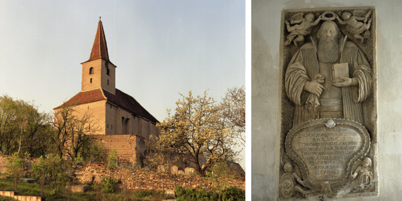 Piatra funerara din castelul bisericii Dobranca in Transilvania