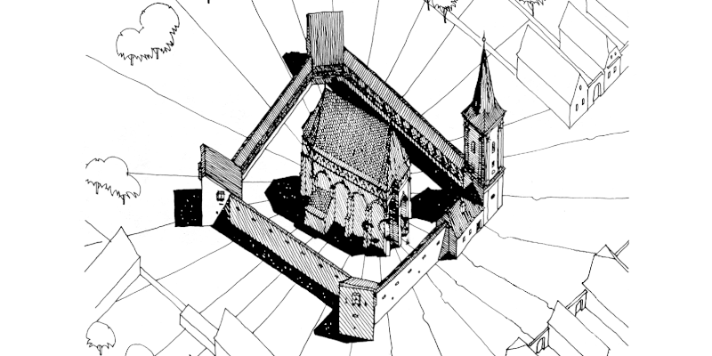 A historical reconstruction of the fortified church in Cloasterf in Transylvania