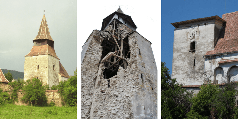 The decay of the church tower at the fortified church in Roades in Transylvania