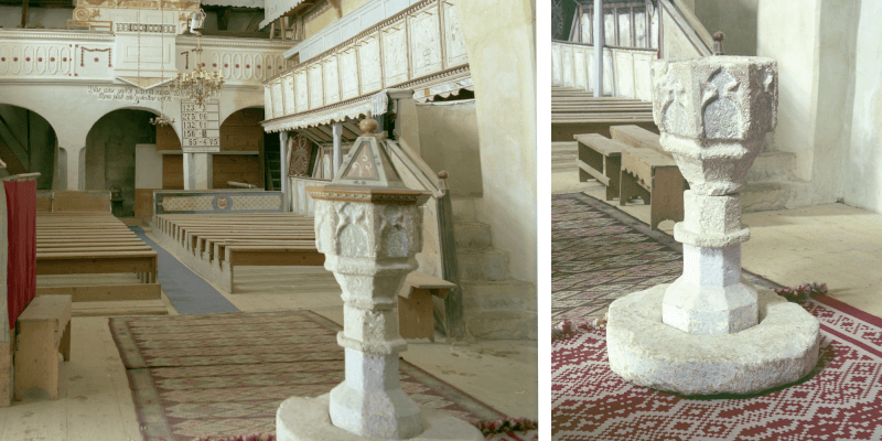 The baptismal font in the fortified church in Roades in Transylvania