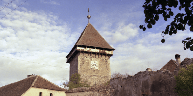 The bell tower in the fortified church in Drauseni in Transylvania