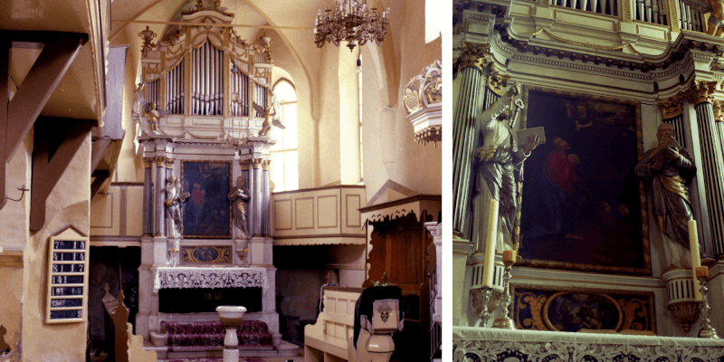 Altar and organ in the fortified church of Cata in Transylvania