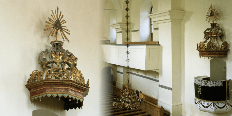 The pulpit in the fortified church in Ticusu in Transylvania