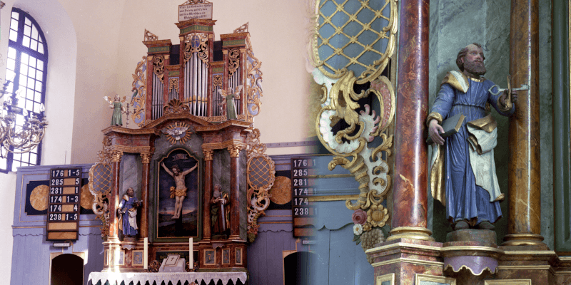 The altar and the organ in Ticusu in Transylvania
